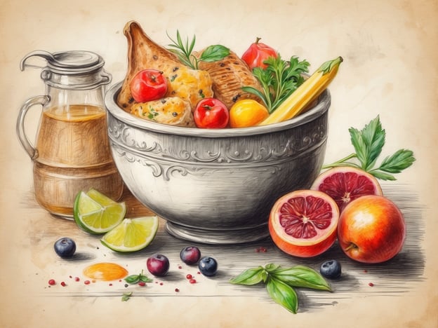 Auf dem Bild ist eine ansprechende kulinarische Komposition zu sehen. In einer eleganten Schüssel befinden sich eine Vielzahl von Zutaten: kleine runde Tomaten, frische Kräuter, ein Stück Obst und vielleicht einige köstliche selbstgemachte Bällchen oder Teigwaren.Neben der Schüssel steht eine Glasflasche mit einer goldbraunen Flüssigkeit, die möglicherweise ein Dressing oder eine Marinade ist. Zum Arrangement gehören auch einige frische Limettenhälften, eine Auswahl an Beeren in verschiedenen Farben und gesunde Äpfel sowie Blutorangen.Insgesamt vermittelt das Bild eine Vielfalt an frischen und gesunden Zutaten, die für ein schmackhaftes Gericht genutzt werden können. Die Vielfalt der Farben und Formen lädt ein, diese kulinarischen Genüsse zu genießen.