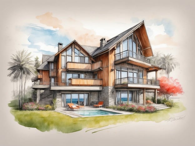 Auf dem Bild ist ein schönes, modernes Haus zu sehen. Es hat große Fenster und Balkone, die einen Blick auf die Umgebung ermöglichen. Vor dem Haus befindet sich ein Swimmingpool, umgeben von einer gepflegten Gartenlandschaft mit Palmen und bunten Blumen.Diese Art von Unterkunft könnte als luxuriöse Ferienvilla beschrieben werden, ideal für entspannte Urlaubstage. Möglicherweise bietet sie auch Annehmlichkeiten wie Sonnenliegen, um den Aufenthalt noch angenehmer zu gestalten.