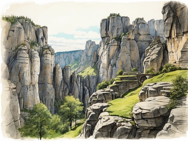Auf dem Bild sind beeindruckende Felsformationen und eine malerische Landschaft zu sehen. Die steilen, zerklüfteten Felsen erheben sich majestätisch und könnten Teil einer bemerkenswerten Sehenswürdigkeit wie einer Schlucht oder eines Nationalparks sein.Aktivitäten, die man hier unternehmen könnte, sind Wanderungen durch die abwechslungsreiche Natur, Klettertouren an den Felsen oder einfach das Genießen der atemberaubenden Aussicht auf die umliegende Landschaft. Solche Orte sind oft auch ideal für Fotografen, die die Schönheit der Natur festhalten möchten.