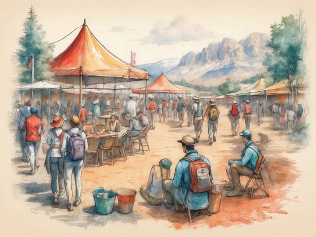 Auf dem Bild ist eine lebhafte Szene auf einem Markt oder Fest zu sehen. Es gibt zahlreiche Menschen, die in der Umgebung herumlaufen und sich unterhalten. Verschiedene bunte Zelte bieten möglicherweise Essen oder Kunsthandwerk an.Einige Besucher sitzen entspannt auf Stühlen, während andere sich um Tische versammelt haben, um zu essen oder Getränke zu genießen. Im Hintergrund sind malerische Berge zu erkennen, die die Freizeitgestaltung in dieser Umgebung unterstreichen. Die Atmosphäre scheint festlich und einladend zu sein, perfekt für ein gemeinsames Erlebnis im Freien.