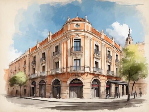 Das Bild zeigt die Außenansicht des NH Hotels Ciudad De Valladolid in Spanien. Das Gebäude hat eine elegante Fassade mit orangefarbenen und cremefarbenen Streifen, großen Fenstern mit Balkonen und einem charakteristischen, rundlichen Dach mit einer Kuppel. Vor dem Hotel sind Fußgänger auf der Straße unterwegs, und es stehen einige Bäume in der Umgebung, die dem Bild ein lebendiges Flair verleihen. Der Himmel ist blau mit einigen Wolken, was eine einladende Atmosphäre schafft.