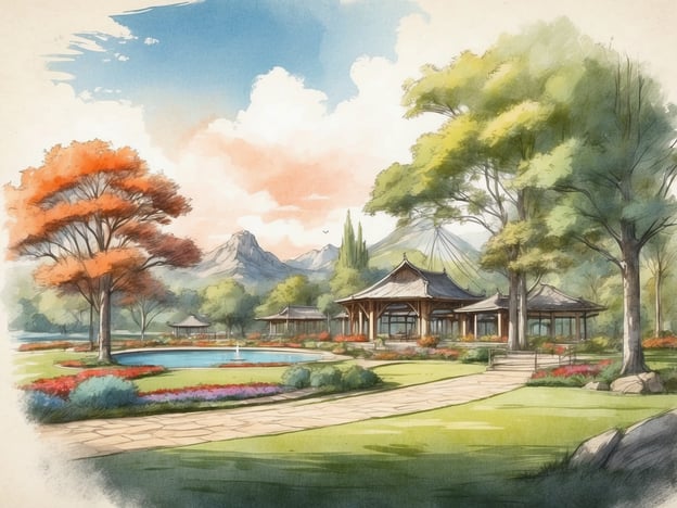 Auf dem Bild ist eine malerische Landschaft zu sehen, die mit einem stilvollen Gebäude und einer gepflegten Gartenanlage gestaltet ist. Der Garten ist von bunten Blumenbeeten umgeben und hat einen kleinen Teich, an dem sich ein Brunnen befindet. Im Hintergrund sind sanfte Hügel oder Berge zu erkennen, ergänzt durch einen blauen Himmel mit einigen Wolken. Die Baumstruktur zeigt verschiedene Herbstfarben, insbesondere Orange, was auf eine herbstliche Atmosphäre hinweist.Der Roompot Park - De Veluwse Hoevegaerde ist bekannt für seine naturnahe Lage und die Möglichkeit, sich in einer ruhigen, idyllischen Umgebung zu entspannen. Der Park bietet verschiedene Aktivitäten für Familien und Naturfreunde sowie gut ausgestattete Unterkünfte. Die Kombination aus Natur, Freizeitangeboten und komfortablem Ambiente macht diesen Ort zu einer attraktiven Urlaubsdestination.