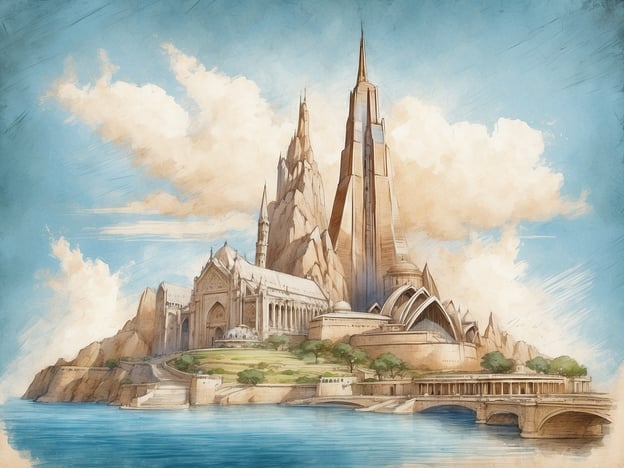 Auf dem Bild ist eine beeindruckende Fantasiewelt zu sehen, die aus einer majestätischen, hoch aufragenden Architektur und einer idyllischen Landschaft besteht. Die Architektur kombiniert Elemente futuristischer und historischer Bauweisen, wie zum Beispiel große Türme und eine Kathedrale.In der Umgebung könnte man sich Sehenswürdigkeiten wie ein malerisches Schloss oder eine Kirche hoch oben auf einem Hügel vorstellen, eingerahmt von einer schönen Natur mit Bergen und Gewässern. Diese Art von Landschaft erinnert an klassische europäische Kulturstädte, in denen historische Gebäude mit moderner Architektur harmonisch kombiniert sind.
