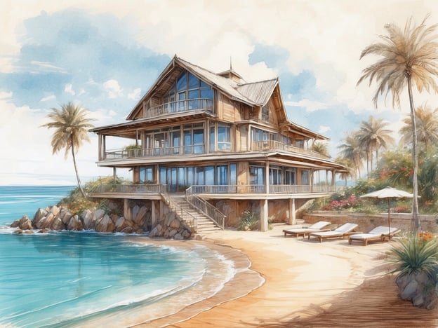 Auf dem Bild ist ein malerisches Strandhaus zu sehen, das sich in einer traumhaften Küstenlandschaft befindet. Das Gebäude hat große Fenster, die einen weitreichenden Blick auf das Meer ermöglichen, und eine einladende Terrasse. Vor dem Haus erstreckt sich ein schöner Sandstrand, der von Palmen und bunten Blumen umgeben ist.Das Duinresort Dunimar ist bekannt für seine luxuriösen Unterkünfte und die Nähe zur Natur. Es bietet entspannende Urlaubsatmosphäre, atemberaubende Ausblicke und zahlreiche Freizeitmöglichkeiten wie Wassersport und Spaziergänge am Strand. Gäste können hier sowohl Entspannung als auch Abenteuer genießen.