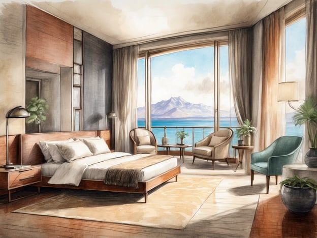 Auf dem Bild ist ein modernes Schlafzimmer zu sehen. Die Unterkunft bietet ein großes, komfortables Bett mit mehreren Kissen und einer Decke. Neben dem Bett steht ein Nachttisch mit einer Lampe. Ein Fenster mit Blick auf das Wasser und die Berge sorgt für viel Tageslicht und eine angenehme Aussicht.Im Raum befinden sich zudem zwei gemütliche Sessel und ein kleiner Beistelltisch, auf dem eine Pflanze steht. Der Raum ist mit modernen Möbeln ausgestattet und hat einen hellen, einladenden Teppich. Pflanzen sorgen für eine natürliche Atmosphäre. Insgesamt vermittelt der Raum ein Gefühl von Eleganz und Entspannung.