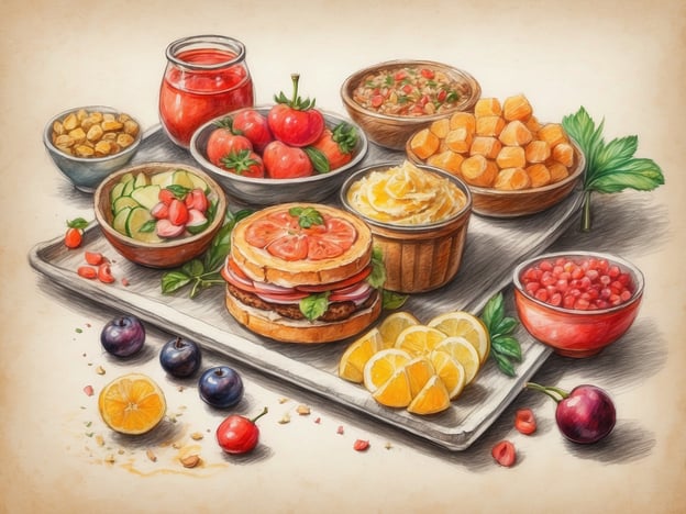 Auf dem Bild sind verschiedene Speisen und Zutaten zu sehen, die typisch für eine liebevoll gestaltete Gastronomie-Präsentation sind. Es gibt einen bunten Salat mit Tomaten, Gurken und radieschen, verschiedene Saucen in Gläsern, sowie Gemüse- und Obstsorten, die frisch und appetitlich wirken. Ein besonderes Stück ist ein Sandwich, das mit verschiedenen Schichten gefüllt ist.Zusätzlich sind verschiedene Obstsorten wie Zitronen, Beeren und Kirschen zu sehen, die als frische Beilage dienen könnten. Solche Kombinationen findet man häufig in Restaurants oder auf Märkten, wo frische (Meeres-)Früchte und Gemüse angeboten werden, um eine gesunde und abwechslungsreiche Ernährung zu fördern.
