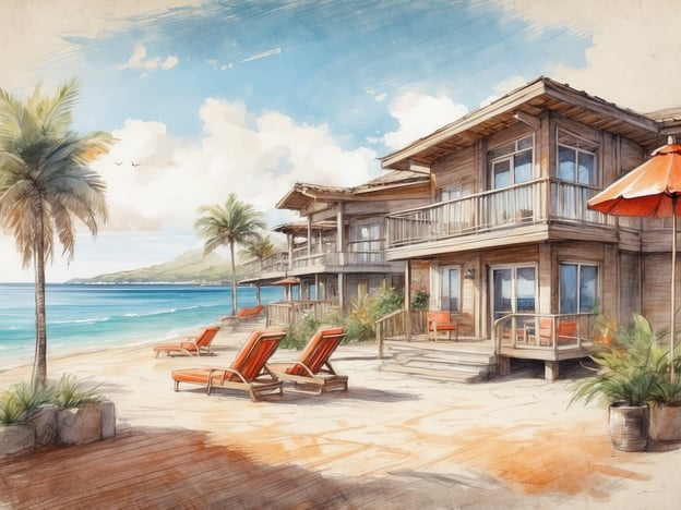 Auf dem Bild sind schöne, moderne Strandhäuser zu sehen, die am Meer stehen. Die Architektur ist einladend und freundlich, mit großen Fenstern und Terrassen, die zu einem entspannenden Aufenthalt einladen. Vor den Häusern stehen bequeme Liegen, um die Sonne zu genießen, und Palmen sorgen für ein tropisches Flair.Die Geschichte von Roompot Park - Hof Domburg umfasst die Idee, einen idyllischen Ort für Urlauber zu schaffen, an dem Natur und Komfort harmonisch verbunden sind. Hier können Besucher die Schönheit der Küste genießen und sich gleichzeitig in einer stilvollen Umgebung entspannen. Es ist ein beliebtes Ziel für Familien und Erholungssuchende, die das Meer und die Landschaft schätzen.