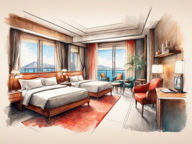 Auf dem Bild ist ein modernes Hotelzimmer zu sehen. Es gibt zwei große Betten mit weißen Bettlaken und bequemen Kissen. Die Fenster bieten einen herrlichen Ausblick auf eine Küstenlandschaft, wahrscheinlich aufs Meer und Berge im Hintergrund.Im Zimmer befinden sich außerdem ein Schreibtisch mit einem Fernseher sowie zwei Stühle und ein Tisch in einer Sitzecke. Eine schöne Pflanze bringt ein wenig Natur ins Zimmer. Die Wände sind in warmen Farbtönen gehalten, und der Raum ist gut beleuchtet durch Fenster und Tischlampen. Das Ambiente wirkt einladend und komfortabel, ideal für einen entspannten Aufenthalt.