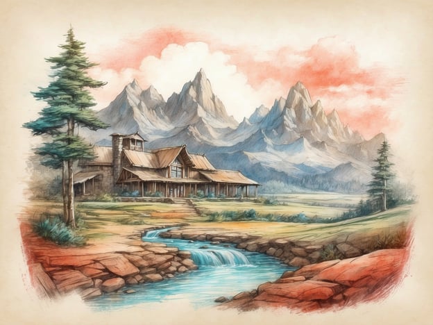 Auf dem Bild ist eine malerische Landschaft zu sehen, die von majestätischen Bergen und einer idyllischen Umgebung geprägt ist. Im Vordergrund fließt ein klarer Bach, der sanft über glatte Steine plätschert. Auf der linken Seite stehen einige hohe Nadelbäume, während auf der rechten Seite eine weite Wiese zu sehen ist.In der Mitte des Bildes befindet sich ein rustikales Holzhaus mit einem ausladenden Dach, das eine einladende Atmosphäre schafft. Die Berge im Hintergrund sind hoch und imposant, mit schroffen Gipfeln, die sich in den Himmel erheben. Der Himmel hat eine sanfte Farbgebung, die auf einen Sonnenuntergang oder eine Morgenstimmung hindeutet. Dieses Bild vermittelt ein Gefühl von Ruhe und unberührter Natur.