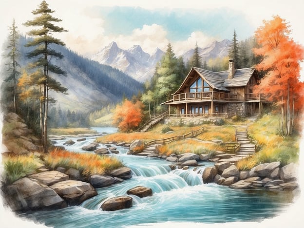 Auf dem Bild ist eine malerische Landschaft zu sehen, die von Bergen und einem klaren Fluss geprägt ist. Im Vordergrund fließt ein beruhigendes Gewässer mit sanften Strömungen und einigen Felsen. Am Ufer sind farbenfrohe Pflanzen und Bäume, die in verschiedenen Herbsttönen erstrahlen. Im Hintergrund erhebt sich ein majestätisches Gebirge, das den Himmel überragt.Es gibt auch ein hübsches, rustikales Haus mit einem großen Balkon, das idyllisch am Flussrand steht. Insgesamt vermittelt die Szene eine friedliche und natürliche Atmosphäre, ideal für Erholung und Genuss der Schönheit der Natur.