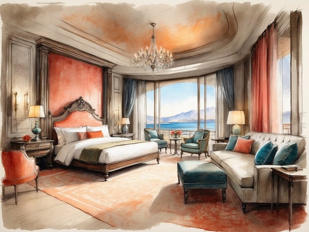 Auf dem Bild ist ein luxuriöses Hotelzimmer zu sehen. Die Unterkunft bietet eine große, komfortable Bettanlage mit eleganter Bettwäsche und ansprechenden Kissen. An der Wand hinter dem Bett befindet sich ein stilvoll gestaltetes Kopfteil in einer warmen Farbe.Die Ausstattung umfasst einen schönen, großen Kronleuchter an der Decke sowie mehrere Lampen, die für eine angenehme Beleuchtung sorgen. Es gibt eine gemütliche Sitzgruppe mit einem Sofa und zwei Stühlen, auf denen dekorative Kissen platziert sind. Ein kleiner Tisch ist ebenfalls vorhanden, auf dem frische Blumen stehen.Die großen Fenster bieten einen herrlichen Blick auf die Landschaft, und die Vorhänge in sanften Farben verleihen dem Raum eine einladende Atmosphäre. Der Boden ist mit einem eleganten Teppich bedeckt, der das Gesamtbild harmonisch abrundet.