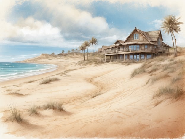 Auf dem Bild ist eine malerische Küstenlandschaft zu sehen, mit einem schönen, weitläufigen Sandstrand und einem typischen Holzhaus, das sich auf den Dünen befindet. Die Umgebung ist von sanften Wellen und vereinzelten Palmen geprägt, während die Himmel mit einigen Wolken versehen ist, die eine friedliche Atmosphäre schaffen.Der Kustpark Egmond aan Zee ist ein beliebtes Urlaubsziel in den Niederlanden, das sich durch seine naturnahe Lage und attraktive Strände auszeichnet. Der Park bietet verschiedene Unterkünfte und Freizeitmöglichkeiten, die ideal für Familien und Naturliebhaber sind. Planung von Aktivitäten wie Radfahren, Wandern und Strandbesuchen wird hier durch die wunderschöne Küsten- und Dünenlandschaft unterstützt.