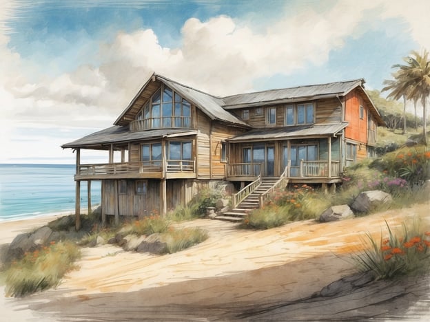 Auf dem Bild ist ein großes, modernes Holzhaus zu sehen, das direkt am Strand steht. Das Gebäude hat große Fenster und einen weitläufigen Balkon, der einen schönen Blick auf das Meer bietet. Rund um das Haus befinden sich Pflanzen und eine sandige Fläche, die den Zugang zum Strand erleichtert.Im Kustpark Egmond aan Zee gibt es ähnliche Unterkünfte, die auch direkt an der Küste liegen und viele Annehmlichkeiten bieten, ideal für einen entspannenden Urlaub am Meer. Diese Unterkünfte ermöglichen oft einen direkten Zugang zum Strand und sind umgeben von der natürlichen Schönheit der Dünenlandschaft.
