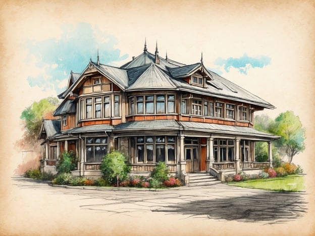 Auf dem Bild ist ein historisches Gebäude zu sehen, das möglicherweise an die Architektur in Bad Gottleuba-Berggießhübel erinnert. Diese Region ist bekannt für ihre eindrucksvollen Villen und Kurhäuser aus der Zeit des 19. Jahrhunderts. Bad Gottleuba-Berggießhübel hat eine lange Geschichte als Kurort, insbesondere für seine heilenden Mineralquellen und die malerische Umgebung im Erzgebirge.Das gebäudliche Design könnte die stilistischen Merkmale dieser Ära widerspiegeln, wie etwa die aufwendigen Dachkonstruktionen und großen Fenster, die viel Licht hereinlassen, was für die damalige Zeit typisch war. Solche Bauten waren oft Erholungsorte für Gäste, die die heilenden Eigenschaften der Umgebung nutzen wollten.