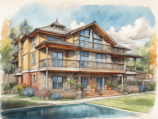 Auf dem Bild ist ein malerisches zweistöckiges Haus zu sehen, das eine einladende Architektur aufweist. Die Fassade des Hauses ist eine Mischung aus Holz und Stein, ergänzt durch große Fenster, die viel Licht hereinlassen. Vor dem Haus befindet sich ein schöner Garten mit bunten Blumen und einem kleinen Pool.Dieses Haus könnte eine ideale Unterkunft für Urlauber sein, die einen ruhigen Rückzugsort suchen, oder für eine Familie, die ein gemütliches Zuhause in einer schönen Umgebung wünscht. Es könnte auch als Ferienhaus oder bed and breakfast genutzt werden, um Gästen einen komfortablen Aufenthalt zu bieten.