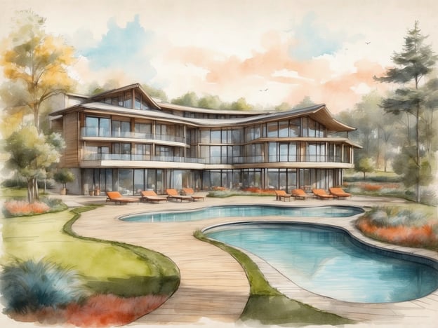 Auf dem Bild ist ein architektonisches Konzept eines modernen Gebäudes zu sehen, das von einem Pool und einer landschaftlich gestalteten Umgebung umgeben ist. Die Struktur zeigt große Fensterfronten, die viel Licht hereinlassen, und eine geschwungene Dachlinie, die einen eleganten und zeitgemäßen Stil vermittelt. Im Außenbereich sind Liegen platziert, die zum Entspannen einladen.Im Kontext von Roompot Park - Marber Veluwe könnte dieses Bild eine Vorstellung von den vielfältigen Unterkünften und der naturnahen Gestaltung des Parks vermitteln. Der Park ist bekannt für seine Lage in der schönen Veluwe-Region, die Gästen eine Mischung aus Komfort und der Möglichkeit bietet, die malerische Natur zu genießen. Das Design könnte die Philosophie des Parks widerspiegeln, moderne Annehmlichkeiten und den Einkauf im Freien harmonisch zu kombinieren.