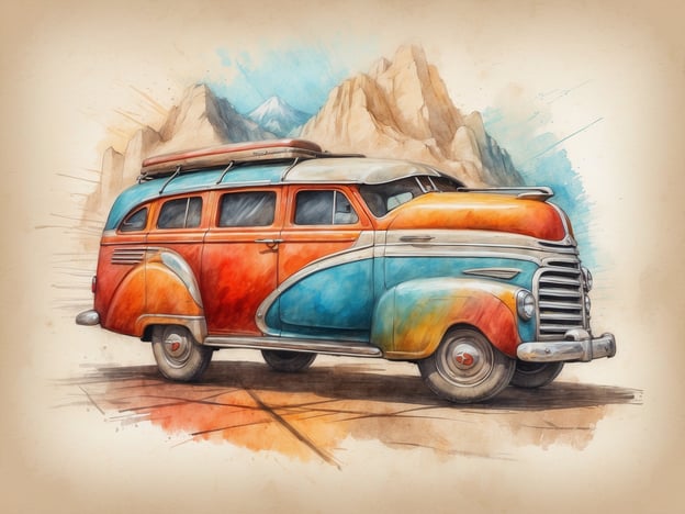 Auf dem Bild ist ein bunt gestalteter Oldtimer zu sehen, der in einer malerischen Landschaft mit Bergen steht. Diese Art von Fahrzeug könnte eine nostalgische Verbindung zur Natur und zum Reisen schaffen. Nachhaltigkeit und Naturschutz sind in diesem Kontext wichtig, da ältere Fahrzeuge oft weniger umweltfreundlich sind.Es ist entscheidend, auf emissionsärmere Transportmittel umzusteigen, um die Landschaft und die natürliche Umgebung zu schützen. Darüber hinaus könnte die Förderung von Elektrofahrzeugen oder alternativen Verkehrsmitteln helfen, die Schönheit der Natur zu bewahren, die auf dem Bild angedeutet wird.