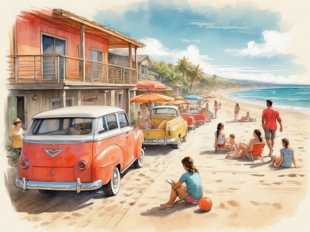 Auf dem Bild ist eine malerische Strandlandschaft zu sehen, die eine entspannte Urlaubsatmosphäre vermittelt. Es sind mehrere Menschen am Strand, die sich Sonne und Meer gönnen. Betten mit Sonnenschirmen und alte Autos, wie ein orangefarbenes und ein gelbes Fahrzeug, verleihen der Szene einen nostalgischen Charme. Die Umgebung ist von Palmen umgeben und es gibt eine Reihe von farbigen Sonnenschirmen, die den Strand lebendig wirken lassen.Dieser Überblick könnte auch für den Roompot Park stehen, der oft ähnliche entspannte Urlaubssettings mit allerlei Aktivitäten in der Natur sowie komfortablen Unterkünften bietet. Dort können Besucher die Nähe zur Natur genießen und sich am Strand entspannen, während vielfältige Freizeitmöglichkeiten zur Verfügung stehen.