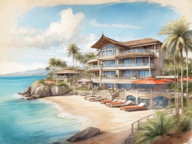 Auf dem Bild ist eine künstlerische Darstellung eines luxuriösen Strandhauses zu sehen. Es zeigt eine weitläufige Villa direkt am Wasser, umgeben von Palmen und mit einem Sandstrand im Vordergrund. Die Architektur wirkt elegant und modern, mit großen Fensterflächen, die den Blick auf das Meer ermöglichen. Entspannte Liegen und Sonnenschirme sind ebenfalls präsent, was auf einen erholsamen Aufenthaltsort hinweist.**Überblick über den Noordzee Résidence Cadzand-Bad:**Die Noordzee Résidence Cadzand-Bad ist eine exklusive Ferienanlage an der Nordsee, die sich durch ihre Nähe zum Strand und die hohe Qualität der Unterkünfte auszeichnet. Die Anlage bietet verschiedene Villen und Apartments, die perfekt für einen entspannten Urlaub mit Familie oder Freunden geeignet sind. Gäste können die natürliche Schönheit der Küstenregion genießen, zahlreiche Freizeitaktivitäten wie Radfahren, Wandern und Wassersport nutzen sowie sich in den modernen Einrichtungen der Résidence erholen.