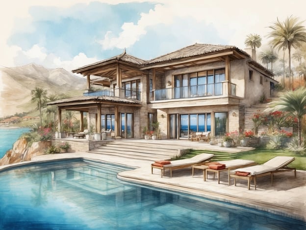 Auf dem Bild ist eine luxuriöse Villa zu sehen, die direkt am Wasser steht. Die Unterkunft verfügt über eine großzügige Terrasse mit Blick auf das Wasser und ist von üppiger Vegetation, insbesondere Palmen und bunten Blumen, umgeben.Die Ausstattung umfasst einen großen Swimmingpool, der sich direkt vor der Villa befindet, sowie mehrere Liegen mit Sonnenschirmen für Entspannung. Der Außenbereich bietet gemütliche Sitzgelegenheiten, ideal für das Genießen der Aussicht oder gesellige Abende. Große Fenster und eine Balkontür sorgen für viel Tageslicht und einen ungehinderten Blick auf die Umgebung. Insgesamt vermittelt die Villa ein Gefühl von Luxus und Erholung in einer traumhaften Landschaft.