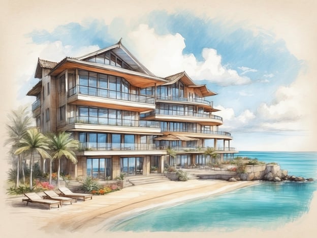 Auf dem Bild ist eine stilisierte Darstellung eines modernen Strandresorts zu sehen. Die Architektur ist ansprechend, mit vielen großen Fenstern, die einen Blick auf das Meer bieten. Um das Gebäude herum sind Palmen und blühende Pflanzen angeordnet, was eine tropische Atmosphäre schafft. Es gibt Liegen auf dem Sandstrand, was auf eine entspannende Urlaubsumgebung hinweist.Das Noordzee Resort Vlissingen ist ein beliebtes Ziel an der Nordseeküste in den Niederlanden. Es bietet luxuriöse Unterkünfte mit direktem Zugang zum Strand und einem malerischen Blick auf das Wasser. Gäste können zahlreiche Freizeitaktivitäten genießen, darunter Wassersport, Radfahren und Erkundung der nahegelegenen Naturgebiete. Das Resort kombiniert Komfort mit der Schönheit der Küstenlandschaft und ist ideal für einen erholsamen Aufenthalt.