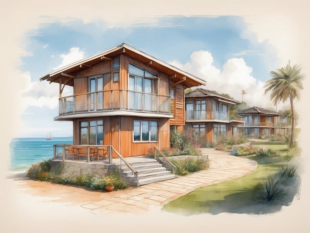 Auf dem Bild sind moderne Ferienhäuser oder Strandvillen zu sehen, die sich in einer malerischen Umgebung am Wasser befinden. Diese Unterkünfte bieten einen direkten Blick auf das Meer und verfügen über große Fenster sowie Balkone, die ideal für entspannende Zeiten im Freien sind.Die Anordnung der Häuser und die angrenzenden Gärten mit bunten Blumen schaffen eine einladende Atmosphäre. Solche Unterkünfte sind perfekt für einen Strandurlaub, wo Gäste die Natur genießen und sich erholen können. Hier eignet sich auch eine Vielzahl von Aktivitäten wie Schwimmen, Bootsfahrten oder einfaches Entspannen und Sonnenbaden.