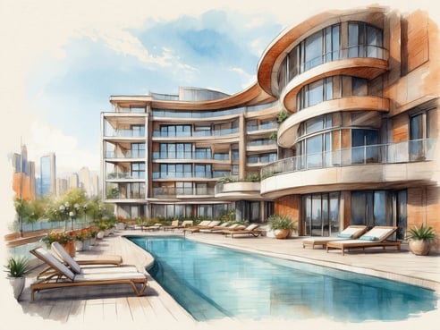 Ein modernes Hotelgebäude mit großen Fenstern und mehreren Balkonen ist zu sehen. Vor dem Gebäude befindet sich ein einladender Poolbereich mit mehreren Liegen. Der Pool ist von Pflanzen und Blumenbeeten umgeben, die eine grüne Atmosphäre schaffen. Im Hintergrund sind Hochhäuser sichtbar, die auf eine städtische Umgebung hinweisen. Der Himmel ist hell und lädt zu einem entspannten Aufenthalt ein.