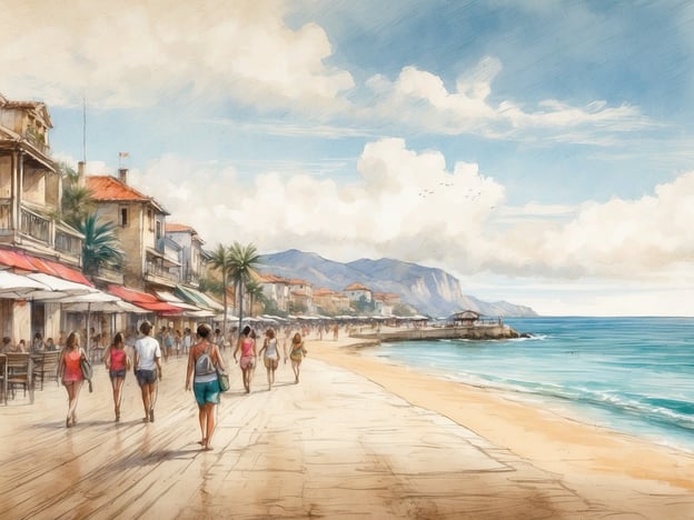 Auf dem Bild ist eine malerische Strandpromenade zu sehen, wo Menschen spazieren gehen und das schöne Wetter genießen. Die Umgebung scheint ideal für Freizeitaktivitäten wie Beachvolleyball, Schwimmen oder einfaches Entspannen am Strand zu sein.Es gibt zahlreiche Cafés und Restaurants entlang der Promenade, wo man lokale Spezialitäten probieren kann. In der Nähe könnten Sehenswürdigkeiten wie Küstenwanderwege, malerische Buchten oder historische Stätten zu finden sein. Die Berge im Hintergrund laden vielleicht zu Wanderungen ein, die atemberaubende Ausblicke auf das Meer bieten.