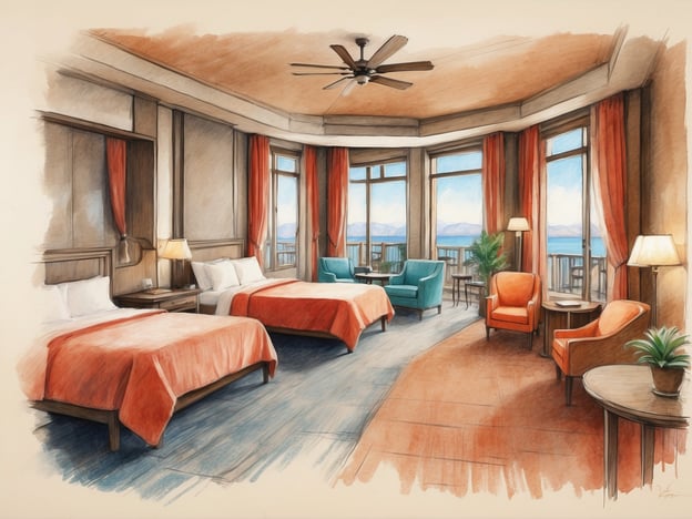 Auf dem Bild ist ein skizzenhaftes Interior Design eines Hotelzimmers zu sehen. Der Raum bietet Platz für zwei große Betten mit orangefarbenen Bettdecken, die gemütlich wirken. Es gibt Fenster, die viel Tageslicht hereinlassen und einen schönen Ausblick bieten.Zusätzlich sind verschiedene Sitzmöglichkeiten vorhanden, darunter zwei bequeme Sessel in Blau und Orange sowie ein kleiner Tisch. Einige dekorative Elemente wie Pflanzen und Tischlampen sorgen für eine einladende Atmosphäre.Diese Unterkunft könnte als Familienzimmer oder als Deluxe-Zimmer in einem Hotel beschrieben werden, ideal für Reisende, die Komfort und eine schöne Aussicht suchen.