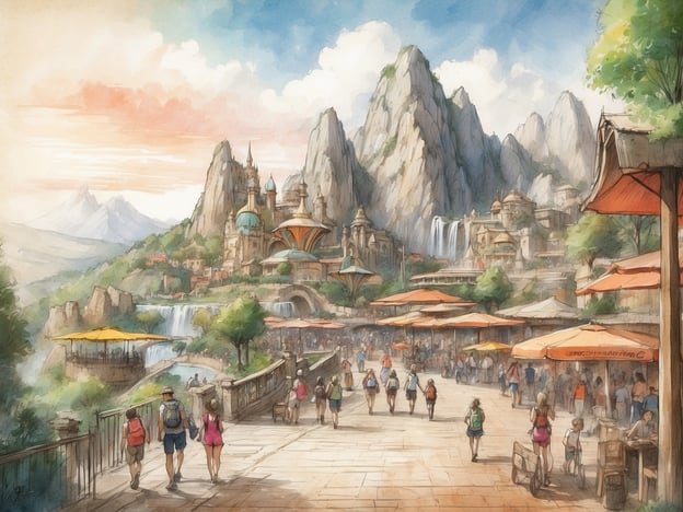 Auf dem Bild ist eine malerische Landschaft mit einer beeindruckenden Architektur zu sehen. Die Szenerie zeigt einen schönen Weg, der durch eine belebte Gegend führt, wo viele Menschen spazieren gehen. In der Hintergrundlandschaft erhebt sich eine majestätische Gebirgskette mit Wasserfällen, die herabplätschern.Links sind einige Tischflächen mit Sonnenschirmen, wo Besucher entspannen können. Es gibt auch kulturelle Elemente in der Architektur, wie Türme und Kuppeln, die zum Entdecken einladen. Dies könnte ein idealer Ort für Freizeitaktivitäten wie Wandern, Sightseeing oder einfach nur zum Genießen der Natur und der Umgebung sein.