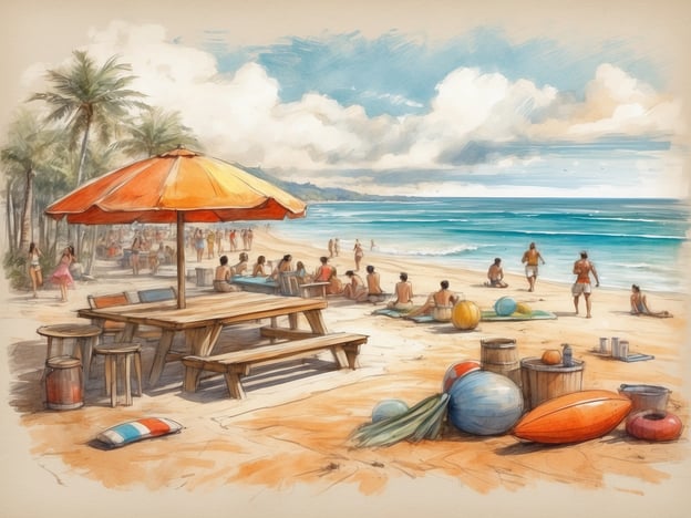Auf dem Bild ist ein sonniger Strand mit einem großen, roten Sonnenschirm zu sehen. In der Umgebung genießen zahlreiche Menschen das schöne Wetter, indem sie schwimmen, sich sonnen und am Strand entspannen.Beliebte Aktivitäten in dieser Umgebung könnten Schnorcheln oder Surfen sein, da das Wasser klar und einladend aussieht. Vielleicht gibt es auch Möglichkeiten für Wassersportarten wie Kajakfahren oder Stand-Up-Paddling. Die Nähe zu Palmen und die lässige Atmosphäre lassen vermuten, dass es in der Nähe Strandrestaurants oder -bars gibt, wo man Erfrischungen genießen kann. Insgesamt strahlt die Szene eine entspannte Urlaubsstimmung aus.