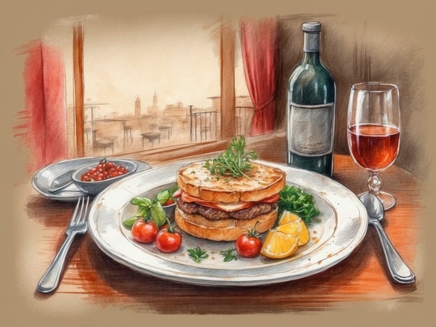 Auf dem Bild ist eine kulinarische Szene zu sehen. Es zeigt einen Teller mit einem geschichteten Sandwich, das anscheinend mit Fleisch und Käse gefüllt ist, garniert mit frischen Kräutern. Daneben liegt eine Zitronenscheibe und einige Kirschtomaten. Außerdem gibt es eine Schale mit Sauce oder Dip.Im Hintergrund sieht man eine Flasche Wein und ein Glas, das vermutlich ein Rosé oder ähnliches Getränk enthält. Die Atmosphäre wirkt gemütlich, möglicherweise in einem feinen Restaurant mit Blick auf eine Stadtlandschaft. Solch ein Gericht könnte in einem Bistro oder einer gehobenen Gastronomie serviert werden, ideal für einen entspannten Abend mit gutem Essen und einem Glas Wein.