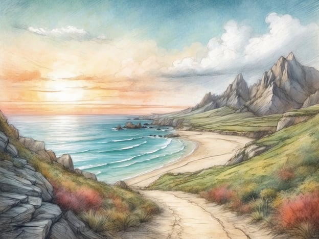 Auf dem Bild ist eine malerische Küstenlandschaft mit einem Strand, sanften Wellen und hohen Bergen im Hintergrund zu sehen. Die Sonne geht gerade unter und sorgt für eine schöne Farbgestaltung des Himmels.In der Nähe solcher Landschaften könnte man verschiedene Freizeitaktivitäten unternehmen, wie zum Beispiel:1. **Wandern**: Es gibt oft Wanderwege entlang der Küste und in den Bergen.2. **Schwimmen**: Der Strand lädt zum Baden im Meer ein.3. **Fotografieren**: Die malerische Szenerie bietet viele tolle Motive.4. **Picnicken**: Ein Picknick mit Blick auf den Sonnenuntergang könnte sehr angenehm sein.5. **Vogelbeobachtung**: Küstenregionen sind oft Heimat vieler Vogelarten.Diese Aktivitäten wären ideal, um die natürliche Schönheit der Umgebung zu genießen!