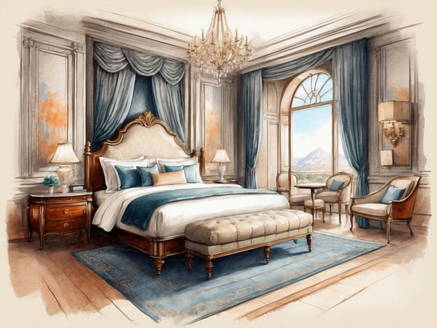 Auf dem Bild ist ein elegantes Schlafzimmer zu sehen, das eine luxuriöse Atmosphäre ausstrahlt. Die Ausstattung umfasst ein großes, gepolstertes Bett mit stilvollen Kissen sowie eine gepolsterte Ottomane am Fußende. An den Fenstern hängen elegante Vorhänge, und ein schöner Kronleuchter hängt von der Decke.**Service und Annehmlichkeiten:**- Hochwertige Möbel und Dekorationen schaffen eine luxuriöse Umgebung.- Zweisitzer und ein kleiner Tisch bieten Platz für Entspannung und private Gespräche.- Ein großer Fensterblick eröffnet eine malerische Aussicht, was den Aufenthalt noch angenehmer macht.- Zusätzliche Beleuchtung durch Nachttischlampen und Wandlampen sorgt für eine behagliche Stimmung.Insgesamt vermittelt der Raum ein Gefühl von Komfort und Stil, ideal für Erholung und Entspannung.