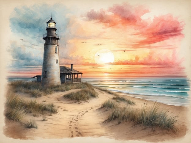Auf dem Bild ist ein malerischer Leuchtturm zu sehen, der sich an einem Sandstrand befindet. Im Hintergrund zeigt sich ein wunderschöner Sonnenuntergang mit sanften Farben am Himmel. Die Wellen des Meeres rollen sanft an den Strand, während Vögel am Horizont fliegen.Entdecke die Schönheit von Ameland, einer der niederländischen Welleninseln, die mit ihren beeindruckenden Landschaften und bunten Sonnenuntergängen besticht.