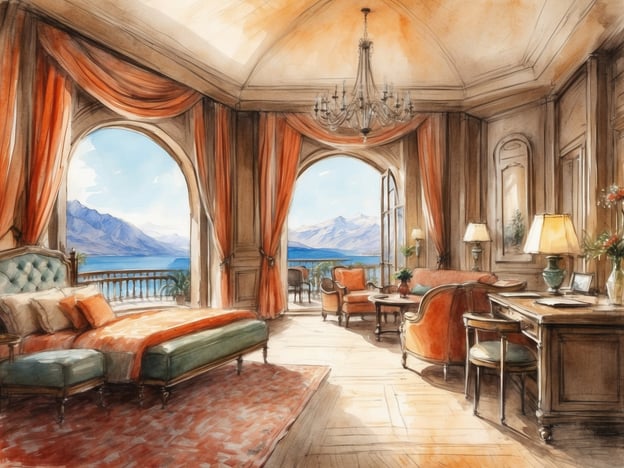 Auf dem Bild ist eine elegante Suite zu sehen. Die Unterkunft ist großzügig und geschmackvoll eingerichtet, mit einem großen Bett und einem Salonbereich, der gemütliche Möbel umfasst. Große Fenster bieten einen atemberaubenden Blick auf die Berge und das Wasser.Die Annehmlichkeiten umfassen eine stilvolle Beleuchtung durch Lampen, dekorative Pflanzen und einen Schreibtisch, der möglicherweise für Geschäftsreisende gedacht ist. Die warmen Farben der Einrichtung und die luxuriöse Gestaltung verleihen der Suite eine einladende Atmosphäre. Es scheint der perfekte Ort für einen erholsamen Aufenthalt zu sein, mit einem Gefühl von Komfort und Eleganz.
