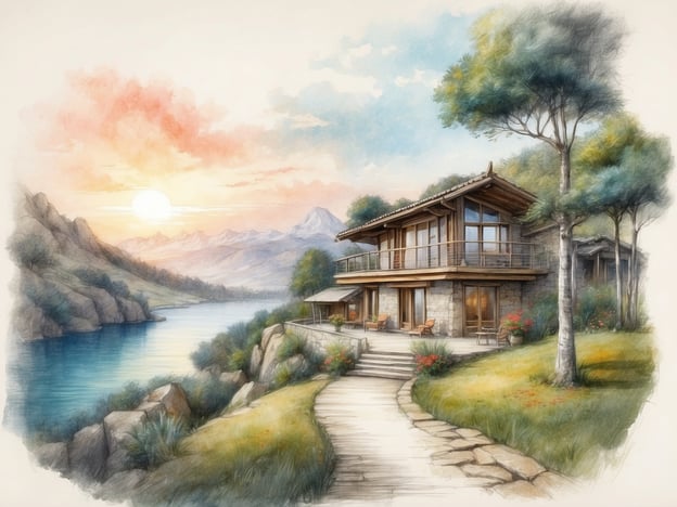 Auf dem Bild ist eine malerische Aussicht auf ein modernes Haus zu sehen, das sich am Ufer eines ruhigen Gewässers befindet. Im Hintergrund sind majestätische Berge und ein Sonnenuntergang zu erkennen, der den Himmel in warmen Farben erleuchtet. Um das Haus herum gibt es eine schöne Landschaft mit Bäumen und Blumen.Die Lage des Roompot Parks ist oft von ähnlicher natürlicher Schönheit geprägt, mit Zugang zu Gewässern und malerischen Ausblicken, die ideal für Erholung und Naturverbundenheit sind.