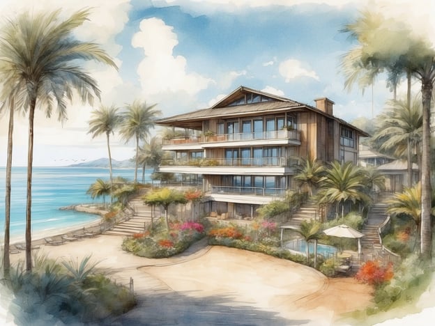 Das Bild zeigt eine malerische Ansicht eines luxuriösen Beach Resorts, das von üppigen Palmen und bunten Blumen umgeben ist. Im Vordergrund ist ein gut gestalteter Außenbereich mit einem Pool und Loungemöbeln zu sehen, während im Hintergrund ein modernes Gebäude mit großen Fenstern und Balkonen direkt am Wasser steht. Der klare Himmel und das ruhige Meer schaffen eine einladende Atmosphäre.Das Roompot Park - Beach Resort ist ein idealer Ort für einen entspannenden Urlaub, kombiniert mit der Schönheit der Natur und modernen Annehmlichkeiten. Hier können Gäste die stimmungsvolle Umgebung genießen und eine Vielzahl von Aktivitäten am Strand erleben.