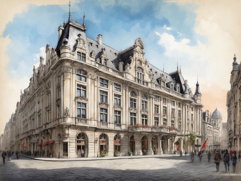 Das Bild zeigt die beeindruckende Fassade des NH Hotels Collection Brussels Grand Sablon in Belgien. Das architektonisch reizvolle Gebäude zeichnet sich durch ein elegantes Design mit zahlreichen Fenstern und verzierenden Elementen aus. Die hellen Steinwände und die eleganten Dachstrukturen verleihen dem Hotel einen historischen Flair. Um das Gebäude herum sind Menschen zu sehen, die sich auf der Straße bewegen, und es gibt verschiedene Geschäfte mit bunten Markisen. Der Himmel im Hintergrund ist blau mit sanften Wolken, was eine einladende Stimmung erzeugt.