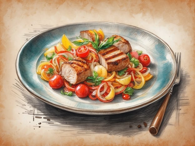 Auf dem Bild ist ein kunstvoll angerichteter Teller mit einem saftigen Fischfilet zu sehen, begleitet von einer bunten Gemüsepfanne. Die hellen Farben der verschiedenen Gemüsesorten, darunter Kirschtomaten und Zucchinistreifen, verleihen dem Gericht ein frisches Aussehen.Ein Restaurant, das solche kulinarischen Erlebnisse bietet, könnte beispielsweise auf mediterrane Küche spezialisiert sein, wo frische Zutaten und leichte Zubereitungsarten im Vordergrund stehen. Hier könnte man nicht nur die Aromen der maritimen Gerichte genießen, sondern auch die gesunde, farbenfrohe Auswahl an Beilagen schätzen. Ideal für ein geselliges Abendessen oder ein romantisches Dinner!