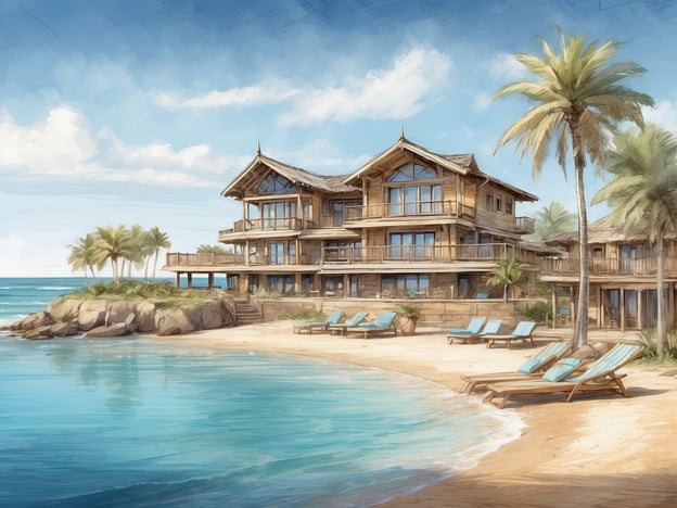 Auf dem Bild ist ein malerisches Strandresort zu sehen, das wahrscheinlich eine entspannende Urlaubsatmosphäre widerspiegelt. Es zeigt eine große, moderne Strandvilla mit Holzbauelementen, die sich an einem sonnigen Strand mit Palmen und Liegen befinden. Das klare, türkisfarbene Wasser und der sandige Strand verstärken das Gefühl von Urlaubsidylle.Das Beach Resort Brouwersdam könnte ähnliche Merkmale aufweisen, wie eine elegante Architektur, eine direkte Strandlage und zahlreiche Freizeitmöglichkeiten wie Schwimmen, Sonnenbaden und Wassersport. Es könnte auch Annehmlichkeiten wie Restaurants, Wellnessangebote und Aktivitäten in der Umgebung bieten, die den Gästen ein unvergessliches Erlebnis garantieren.