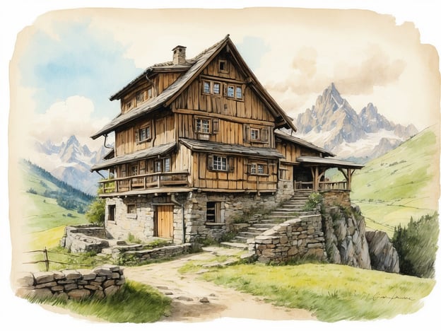 Auf dem Bild ist ein traditionelles, rustikales Haus zu sehen, das an einem malerischen Ort in den Bergen steht. Die Bauweise aus Holz und Stein vermittelt eine historische Atmosphäre. Umgeben von grünen Wiesen und majestätischen Bergen spiegelt es die Schönheit der Natur wider.In der Geschichte von Gohrisch wird die enge Verbindung zwischen Mensch und Natur thematisiert. Die Schönheit der Landschaft und die reiche Tradition der Architektur des Hauses könnten das Gefühl widerspiegeln, dass die Menschen dort seit Generationen leben und sich mit ihrer Umgebung identifizieren. Diese Szenerie könnte als Inspirationsquelle für Geschichten über das Leben in der Natur und die Herausforderungen der Bewohner dienen.