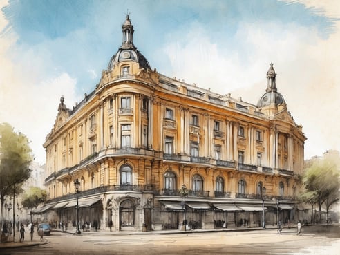 Das Bild zeigt die beeindruckende Fassade des NH Hotels Collection Buenos Aires Crillon in Argentinien. Das historische Gebäude ist in einem eleganten klassischen Stil gehalten, geprägt von warmen Gelbtönen und kunstvollen Details. Die Fassade weist große Fenster und dekorative Elemente auf, während die markante Kuppel auf dem Dach die Architektur abrundet. Um das Gebäude herum sind Straßenszenen mit Passanten und Bäumen dargestellt, die dem Bild eine lebendige Atmosphäre verleihen. Der Himmel ist hellblau mit ein paar zarten Wolken, die für eine freundliche Stimmung sorgen.