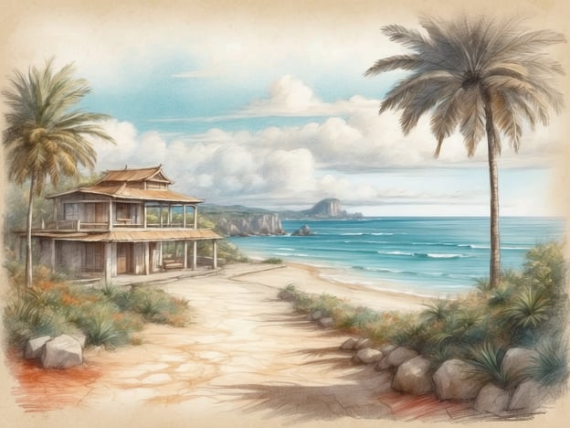 Auf dem Bild ist eine wunderschöne Küstenlandschaft zu sehen. Im Vordergrund steht ein traditionelles Gebäude, das an ein Strandhaus oder eine stilvolle Ferienunterkunft erinnert. Die Umgebung ist von tropischen Palmen und Pflanzen geprägt, die typisch für exotische Reiseziele sind.Das Meer im Hintergrund scheint ruhig zu sein und lädt zu Wassersportaktivitäten wie Schwimmen oder Schnorcheln ein. Die malerische Küstenlinie und die sanften Wellen schaffen eine entspannende Atmosphäre, die ideal für einen Urlaub am Strand ist. Ein Ausflugsziel in der Umgebung könnte ein Naturpark oder ein Aussichtspunkt sein, von dem aus man die schöne Landschaft bewundern kann.