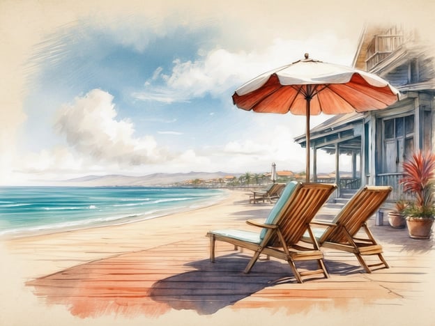 Auf dem Bild sind zwei Liegestühle unter einem Marktschirm zu sehen, die am Strand stehen. Der Blick reicht über das ruhige Meer und das Ufer, mit sanften Wellen und einem klaren Himmel. Die Szene vermittelt eine entspannte Urlaubsatmosphäre.Der Roompot Park in Callantsoog liegt in unmittelbarer Nähe zu solch schönen Stränden, wo man die Natur genießen und sich entspannen kann. Es ist ein idealer Ort für Strandliebhaber und bietet zahlreiche Freizeitmöglichkeiten.
