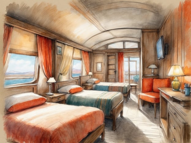 Auf dem Bild ist ein gemütliches Zimmer zu sehen. Die Unterkünfte und Einrichtungen umfassen:- Zwei Einzelbetten mit bunten Bettdecken und Kopfkissen.- Eine kleine Nachttischlampe neben einem der Betten.- Ein gemütlicher Sessel in orange und ein kleiner Couchtisch.- Ein Fernseher an der Wand gegenüber den Betten.- Große Fenster mit Ausblick auf eine schöne Landschaft.- Ein Schreibtisch mit Stiften und einem dekorativen Gegenstand.Das Zimmer wirkt hell und einladend, mit warmen Farben und natürlichem Licht.