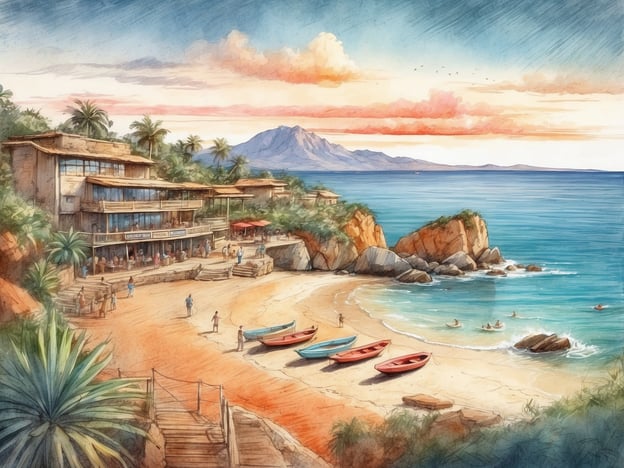 Auf dem Bild ist eine malerische Strandlandschaft mit sanften Wellen, einer ruhigen Bucht und mehreren bunten Booten zu sehen. Im Hintergrund befindet sich eine facettenreiche Berglandschaft und Gebäude, die wie ein gemütliches Restaurant oder Cafe anmuten.In dieser Umgebung könnten folgende Aktivitäten und Ausflugsziele interessant sein:1. **Strandaktivitäten**: Schwimmen, Sonnenbaden und Strandvolleyball sind beliebte Freizeitbeschäftigungen am Strand.2. **Bootstouren**: Man könnte Bootsfahrten unternehmen, um die Küste zu erkunden oder angeln zu gehen.3. **Wanderungen**: Die umliegenden Berge bieten Möglichkeiten für Wanderungen mit herrlichem Ausblick.4. **Essen und Trinken**: Die lokalspezifischen Restaurants könnten frische Meeresfrüchte und regionale Spezialitäten anbieten.5. **Wassersport**: Aktivitäten wie Schnorcheln oder Stand-Up-Paddling sind ideal für Wassersportliebhaber.Diese Region scheint ein wunderbarer Ort für Erholung und Abenteuer in der Natur zu sein.