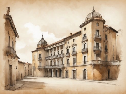 Das Bild zeigt eine architektonische Darstellung eines historischen Gebäudes mit zwei markanten Türmen und einem eleganten Balkon. Die Fassade ist aus hellem Stein und zeigt reich verzierte Fenster und Balkone. Die umliegenden Straßen sind schmal und erhalten einen nostalgischen Charakter. Der Hintergrund ist in sanften, neutralen Tönen gehalten und verleiht dem Bild eine beruhigende Atmosphäre, die an die historische Altstadt von Cáceres in Spanien erinnert.