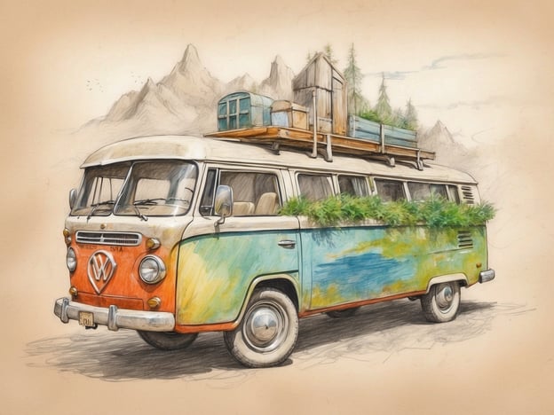 Auf dem Bild ist ein bunt gestalteter VW-Bus zu sehen, der mit Pflanzen und Naturmaterialien dekoriert ist. Dieser Bus könnte als Symbol für nachhaltiges Reisen und Umweltschutz interpretiert werden.Die Fülle an Grün, die den Bus umgibt, steht für eine Verbindung zur Natur und die Wichtigkeit, die Umwelt zu achten. Solche Fahrzeuge können auch dazu inspirieren, umweltfreundliche Transportmittel zu nutzen und die Schönheit der Natur zu erkunden, ohne sie zu schädigen. Darüber hinaus könnte das Bild die Idee des Campings oder einer Reise in unberührte Landschaften fördern, was einen bewussten und nachhaltigen Lebensstil unterstützen kann.