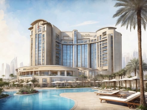 Das Bild zeigt das NH Hotels Collection Dubai La Suite Hotel and Apartments. Es ist ein modernes Hotelgebäude mit einer ansprechenden Fassade aus Glas und Stein, umgeben von tropischen Palmen. Im Vordergrund befindet sich ein großer Swimmingpool mit Sonnenliegen und Schirmen, was eine entspannte Urlaubsatmosphäre schafft. Im Hintergrund sind die markanten Wolkenkratzer von Dubai zu sehen, die den modernen Charakter der Stadt unterstreichen.